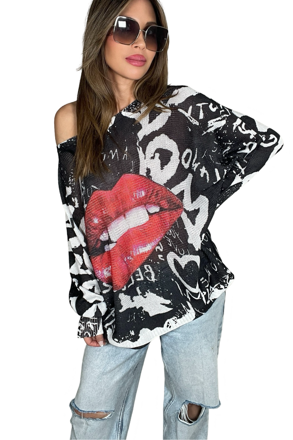 Black & White Lips Round Neck Printed Sweater - One Size