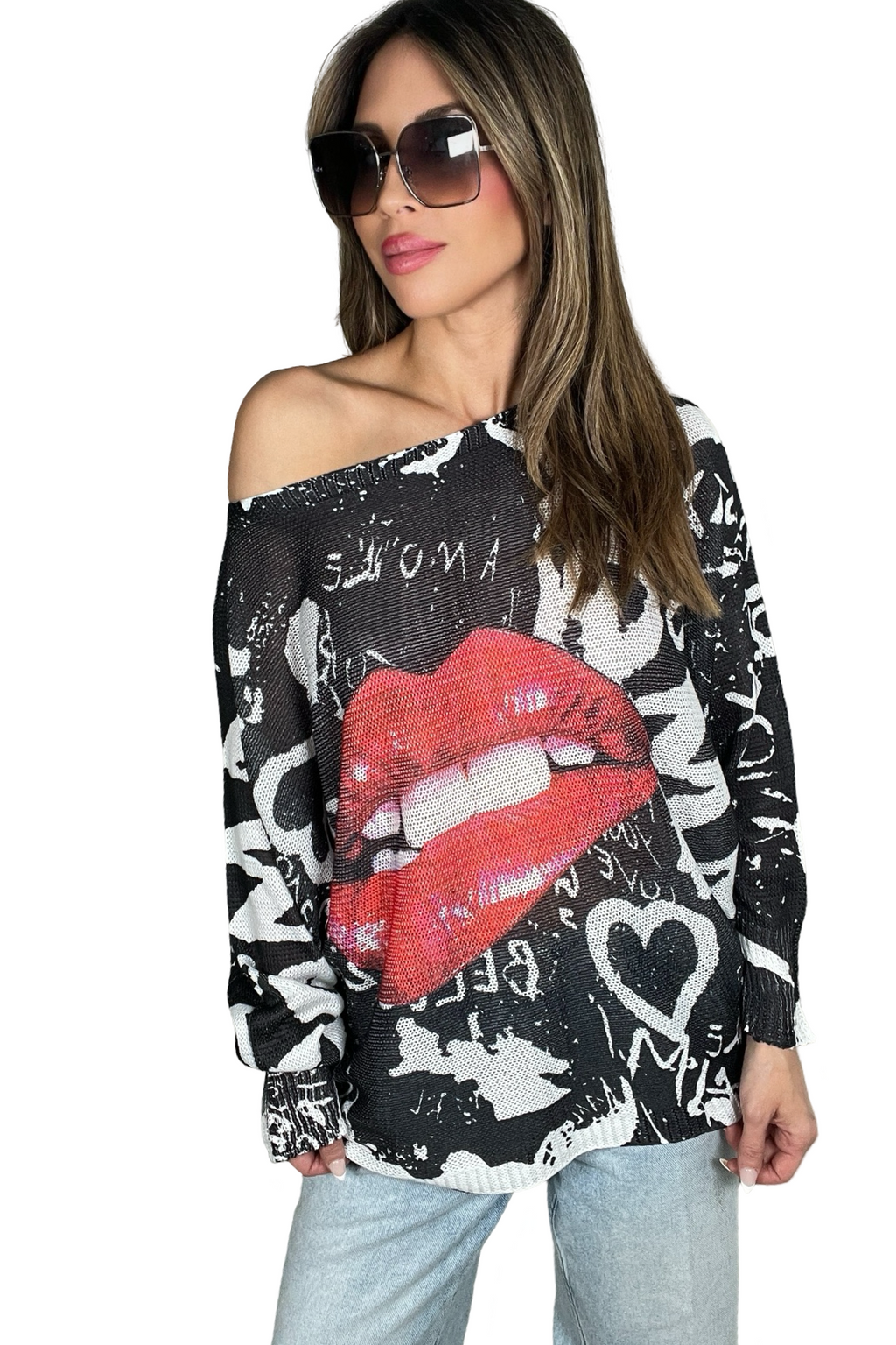 Black & White Lips Round Neck Printed Sweater - One Size