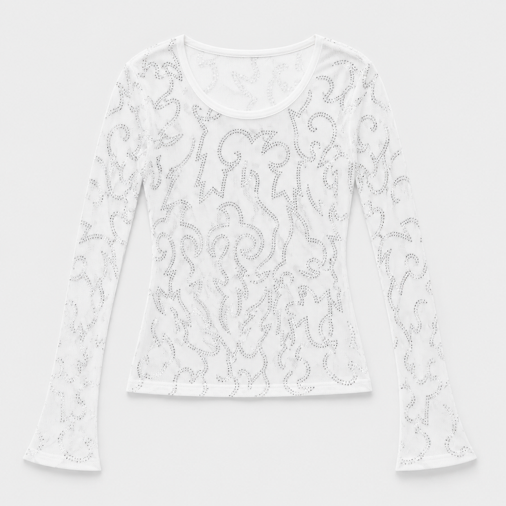Bright White Embellished Mesh Long Sleeve Top