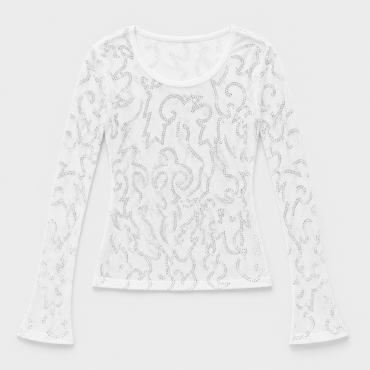 Bright White Embellished Mesh Long Sleeve Top