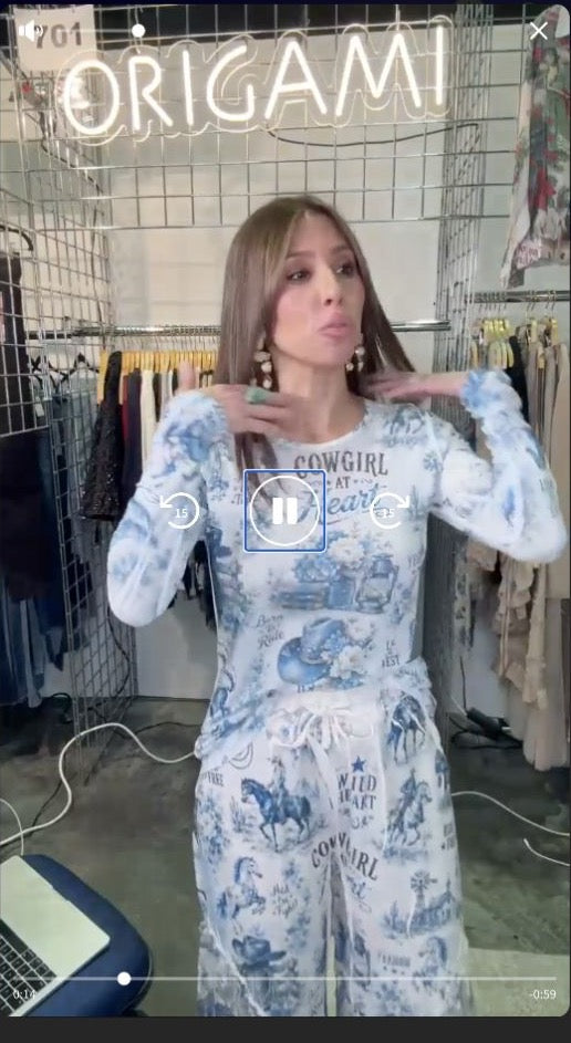 Blue Cowgirl Print Wide Leg Pants