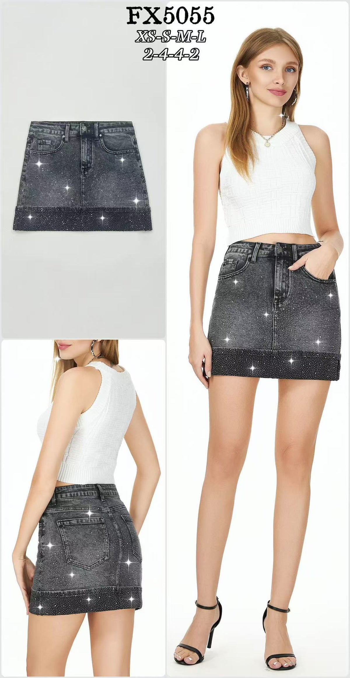 Black Rhinestone Denim Mini Skirt